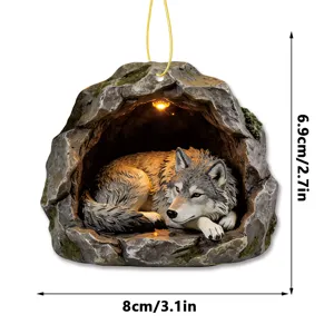 Resin Wolf Cave Hanging Ornament Mini Cute Animal Decor Pendant with Warm Light 8x6.9cm