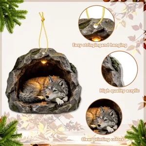 Acrylic wolf cave hanging ornament with string for home decor and festive holiday gifting.