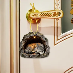 Resin wolf cave hanging ornament with light, cute animal decor pendant for door handle home.