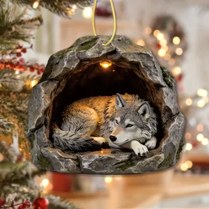 Christmas wolf cave hanging ornament, resin tree decoration with LED light for holiday party.