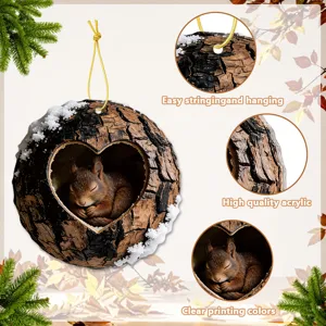 Acrylic hanging ornament detail, featuring tree trunk texture and cute squirrel design.