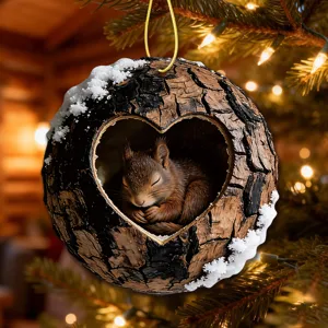 Christmas tree hanging ornament with cute sleeping squirrel in tree hole design for holiday decor