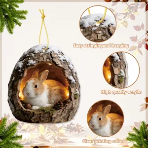 Acrylic tree hole bunny hanging ornament with gold string for festive holiday home decor.
