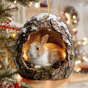 Christmas acrylic hanging ornament featuring cute rabbit in tree hollow design for holiday decor.