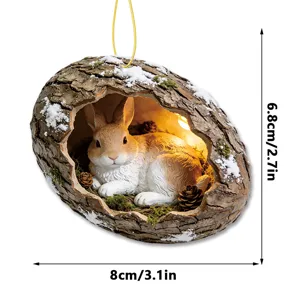 Resin tree trunk rabbit hanging ornament with warm light and mini pine cone moss decor 6.8x8cm