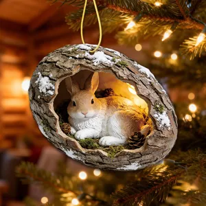 Cute tree hole rabbit Christmas tree hanging ornament, nice resin pendant for holiday decoration.