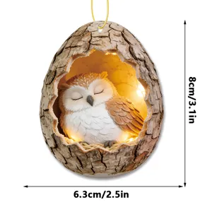 Acrylic owl tree hole hanging ornament with warm light effect, size 8x6.3cm for home decor.