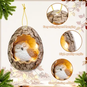 Acrylic hanging ornament with sleeping owl design, tree hollow style, LED light, easy to hang.