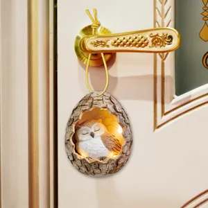 Cute sleeping owl tree hole hanging decoration ornament with warm LED light for room door.