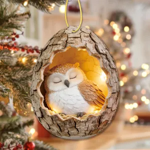 Acrylic Christmas tree sleeping owl hanging ornament, cute festive tree hole decoration.