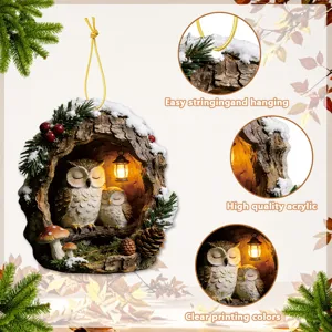 Acrylic owl tree hollow hanging ornament for home decor, cute animal pendant with string.