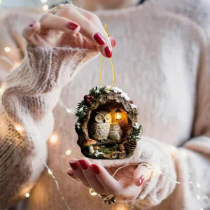 Christmas tree hollow owl hanging ornament, cute holiday decoration pendant with golden string.