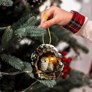 Christmas tree hanging ornament resin owl tree hole decor with LED lantern for festive holiday party