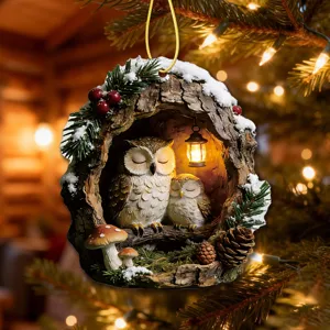 Christmas tree owl acrylic hanging ornament, detailed wood hollow design, holiday decor.