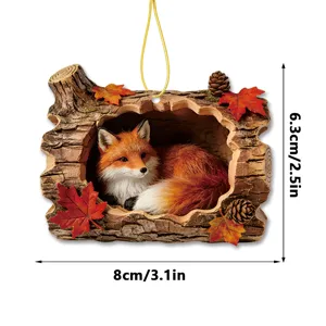 Autumn fox resin hanging ornament tree hole decoration with maple leaves and pine cones 8cm