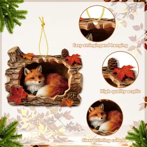 Autumn fox in tree hole acrylic hanging ornament with maple leaves for home seasonal decor