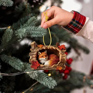 Christmas Tree Fox Ornament Resin Tree Hole Hanging Pendant Holiday Party Home Decor