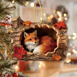 Autumn fox in hollow tree acrylic hanging ornament, charming holiday decor for home and tree.