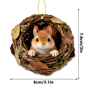Cute squirrel acrylic hanging ornament, rustic tree nest design for holiday home decor.