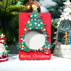 Wooden Christmas tree photo frame refrigerator magnet, festive home holiday decor detail view