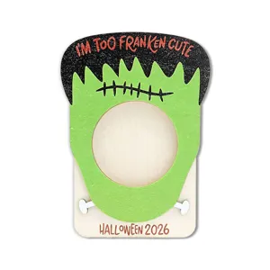 Wooden Halloween magnetic photo frame Frankenstein design with cute holiday text and round photo slot.