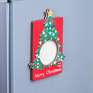 Wooden Christmas tree magnetic photo frame fridge magnet for holiday home decor and photo display.