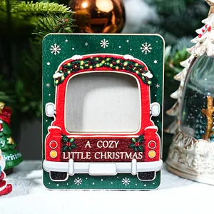 Wooden Christmas photo frame fridge magnet, vintage red truck holiday decor detail shot.