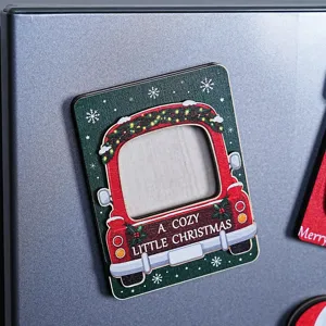 Christmas wooden magnetic photo frame fridge sticker with 3D truck design for holiday decor.