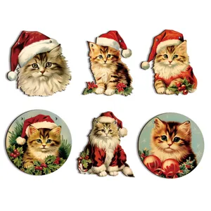 Set di ornamenti sospesi in legno gatto di Natale, decorazioni natalizie vintage.