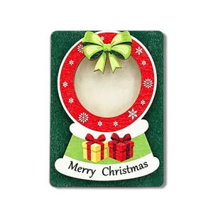 Wooden Christmas magnetic photo frame fridge magnet with 3D snow globe and gift design.