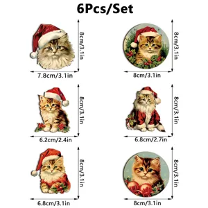 Ornamenti sospesi in legno gatto di Natale set da 6 pezzi con dimensioni dettagliate.