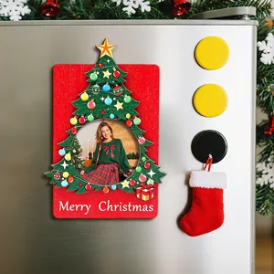 Christmas wooden magnetic photo frame detail, festive fridge sticker with cute holiday tree design.