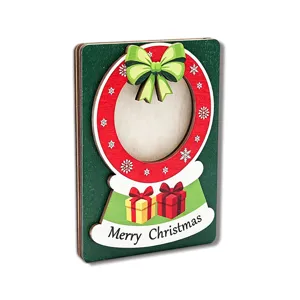 Wooden Christmas photo frame fridge magnet detail view, festive decorative holiday design.