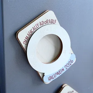 Halloween wooden magnetic photo frame detail view, festival decor magnetic sticker close up.
