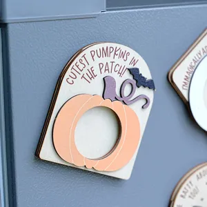 Halloween wooden magnetic photo frame detail, cute pumpkin fridge sticker for holiday decor.