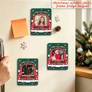 Detailed scene of Christmas wooden photo frame fridge magnets displayed on refrigerator surface.