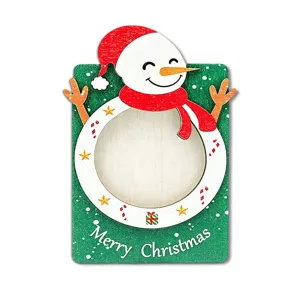 Wooden Christmas snowman magnetic photo frame detail view, festive home fridge sticker decor.
