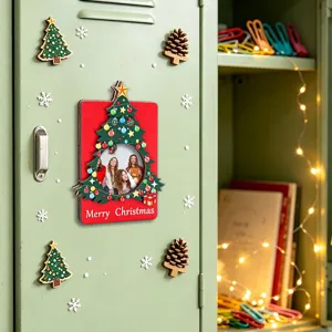 Wooden Christmas tree magnetic photo frame holiday fridge magnet for festive home decor