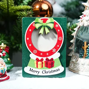 Wooden Christmas photo frame snow globe fridge magnet holiday desktop decoration details
