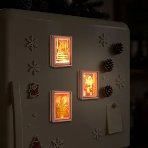 Kerst oplichtende fotolijst koelkastmagneet, houten magnetische sticker voor feestdagen.