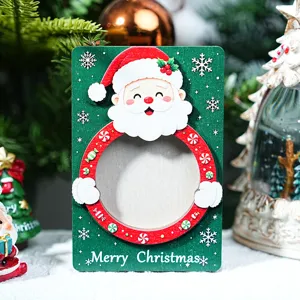 Wooden Christmas photo frame fridge magnet with Santa Claus design for holiday home decor display.