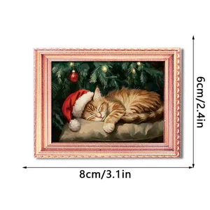 Christmas wooden magnetic fridge magnet photo frame, cute cat festive decor for home and kitchen.