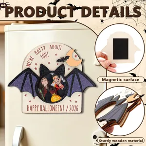 Halloween wooden magnetic photo frame detail view, sturdy wood material with back magnet.