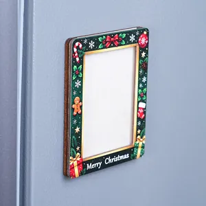 Wooden Christmas magnetic photo frame refrigerator sticker for festive holiday home decor.