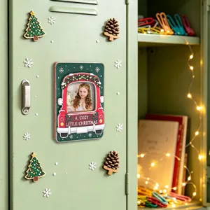 Christmas wooden 3D magnetic photo frame fridge magnet, festive truck holiday decor for home.