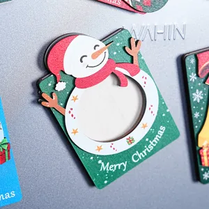 Christmas wooden magnetic photo frame fridge sticker, 3D festive holiday decoration item.