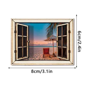 Houten 3D magnetische koelkaststicker met strandraam uitzicht ontwerp voor decoratie.