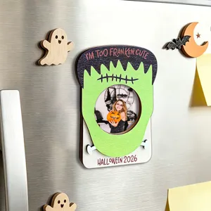 Halloween wooden magnetic photo frame, Frankenstein fridge magnet for holiday decor.