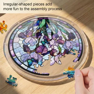 Acrylic puzzle detail showing irregular pieces and stained glass iris flower pattern close-up