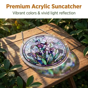 Acrylic iris suncatcher hanging detail with vibrant stained glass colors and light reflection.
